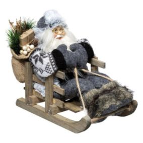 Père Noël sur Luge Déco "Ski" 26cm Gris & Blanc