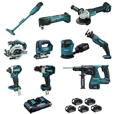 Pack 10 Outils Makita Lot0309 18v 5 X 5.0 Ah (dcl180 - Dhp486 - Dtd154 - Dga506 - Dhs680 - Dhr243 - Dtm51 - Djr183 - Djv182 -dbo18