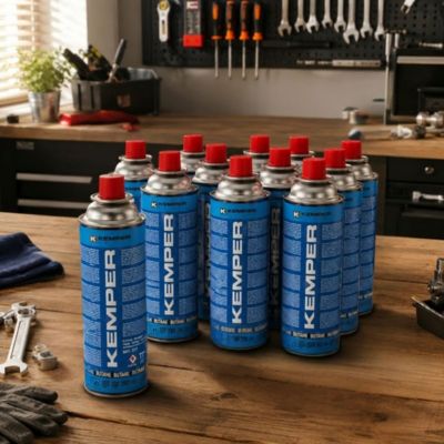 Pack 12 Cartouches Gaz Butane 390 ml 227 g Valve Sécurité pour Réchaud Portable Chalumeau Lampe à Gaz KEMPER