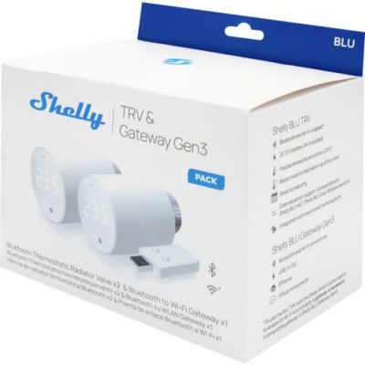Pack 2 têtes thermostatiques Shelly BLU TRV avec passerelle Blu Gateway Gen3, blanc.