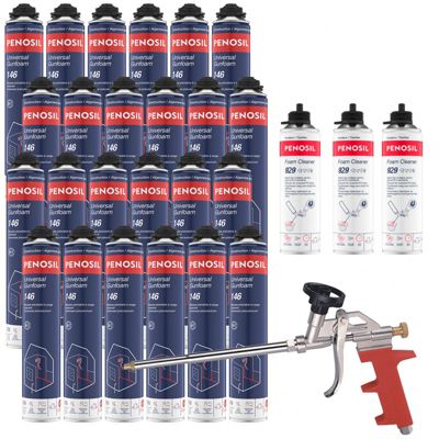 Pack 24 Mousses polyuréthanes Universal Gunfoam 146 pistolable 690ml PENOSIL + 3 Nettoyants FoamCleaner 500ml + Pistolet manuel