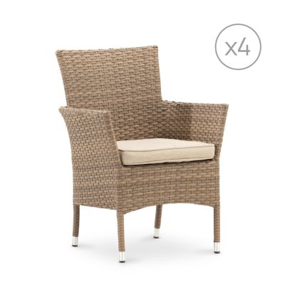 Pack 4 chaises de jardin empilables en rotin synthétique marron beige avec coussins beiges - Bolonia
