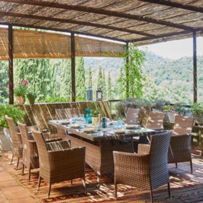 Pack 4 chaises de jardin empilables en rotin synthétique marron beige avec coussins beiges - Bolonia