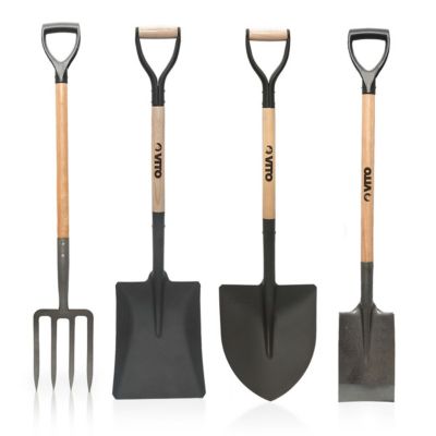 Pack 4 outils de jardin Acier Manche en Bois Fourche + Pelle carrée + Pelle ronde + Bêche VITO