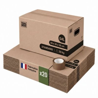 Pack and Move - Lot 20 cartons déménagement stockage standard - 60 x 30 x 30 cm - Poignées renforcées - 1 adhésif offert