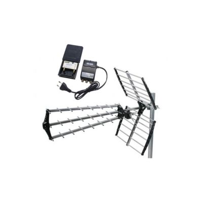 PACK  ANTENNE TNT TRINAPPE GAIN 18dB UHF rateau + Kit Preamplificateur de Mat 5G TNT UHF + Alim 12V 2 Sorties - Gain 38dB HDSAT