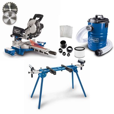 Pack atelier bois Scheppach : Scie à onglet radiale + Support universel + Aspirateur à copeaux - 2 lames + accessoires aspirateurs