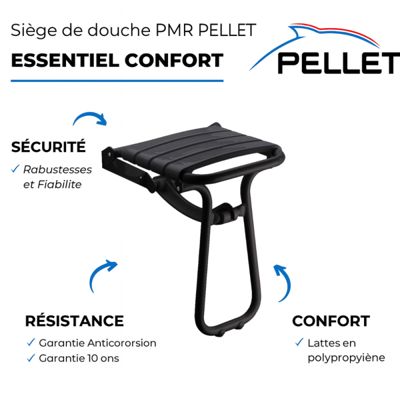 Pack avec siège de douche PMR PELLET escamotable noir mat + 2 barres d'appui 42,5 cm