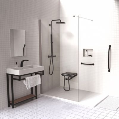 Pack avec siège de douche PMR PELLET escamotable noir mat + 2 barres d'appui 42,5 cm