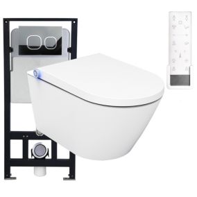 Pack + Bâti-support Toilettes Japonais céramique, WC lavant + télécommande, 38,4x59,3x38cm, PRO+ 1102, Plaque 4111 blanc mat