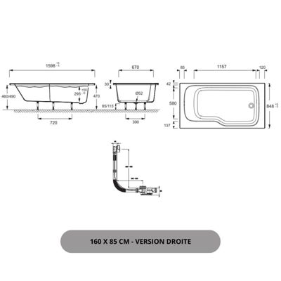 Pack baignoire bain douche 160 x 85 JACOB DELAFON Malice version droite + tablier en niche + pare bain