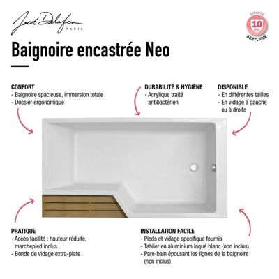 Pack baignoire bain douche 160 x 90  JACOB DELAFON Neo version droite + pare bain chromé + tablier en angle