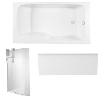 Pack baignoire bain douche 170 x 90 JACOB DELAFON Malice version droite blanc mat + tablier en niche + pare bain + étagère