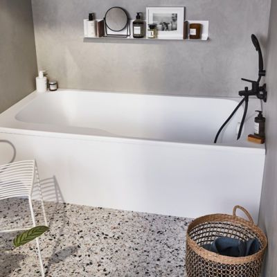 Pack baignoire bain douche 170 x 90 JACOB DELAFON Malice version droite blanc mat + tablier en niche + pare bain + étagère