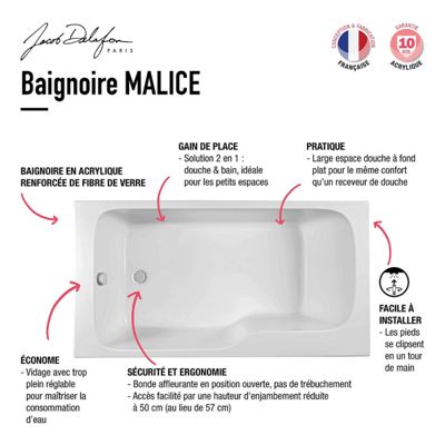 Pack baignoire bain douche 170 x 90 JACOB DELAFON Malice version droite blanc mat + tablier en niche + pare bain + étagère