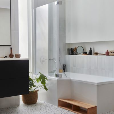 Pack baignoire bain douche 180 x 90 JACOB DELAFON Neo version gauche + pare bain chromé + tablier en angle