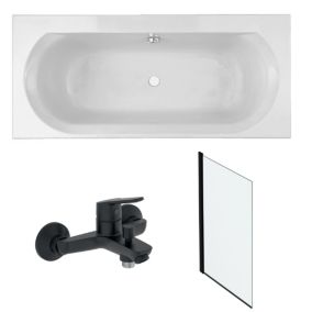 Pack baignoire droite 170 x 75 JACOB DELAFON Elise + mitigeur bain douche noir mat + pare bain noir mat + vidage