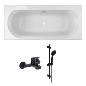 Pack baignoire droite 170 x 75 JACOB DELAFON Elise + pack pommeau et mitigeur bain douche noir mat Aimé + vidage