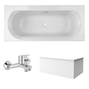 Pack baignoire droite 170 x 75 JACOB DELAFON Elise + tablier en angle + mitigeur bain douche mural Aimé chromé + vidage