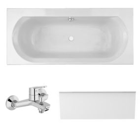 Pack baignoire droite 180 x 80 JACOB DELAFON Elise + tablier en niche + mitigeur bain douche mural Aimé chromé + vidage