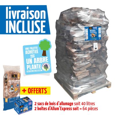 Pack bois de chauffage Woodstock – bûches 30 cm + bois d’allumage + allume-feux – prêt à l’emploi <20 % – idéal poêle et cheminée – bois certifié NF