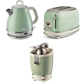 Pack  Bouilloire électrique 1L + Grille-Pain Acier Vert Vintage Rétro + Presse-agrumes électrique 85W ARIETE