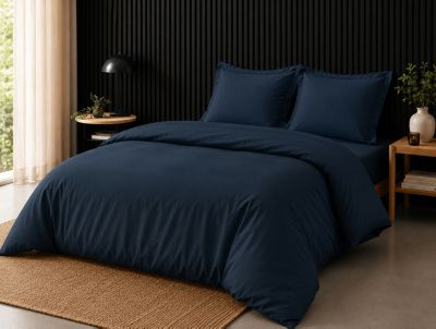 Pack complet housse de couette percale 78 fils pour lit 140 x 190 cm Bleu nuit