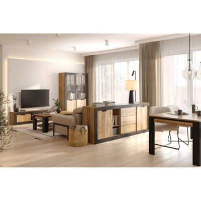 Pack complet salon & salle à manger MEUNIER  5 Meubles Loft en Chene Samdal & noir mat