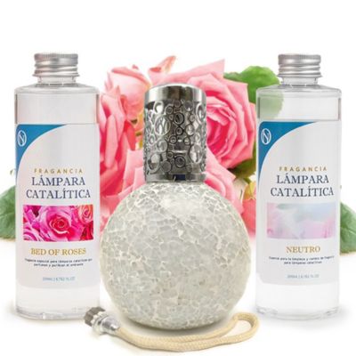 Pack économique Lampe Catalytique Mosaïque Blanc + Parfum Bed of Roses (500 ml) + Nettoyant Neutre (200 ml) + Mèche de Rechange