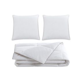 Pack couette 200 x 200 cm + 2 oreillers 65 x 65 cm anti-acariens enveloppe 100% percale et garnissage plumettes et duvet - Blanc