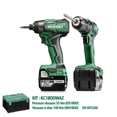 Pack De 2 Outils Perceuse Visseuse 55 Nm + Visseuse À Choc 140 Nm Hikoki Kc18ddwaz 18v 5ah Brushless Avec 2 Batteries Et Hitcase