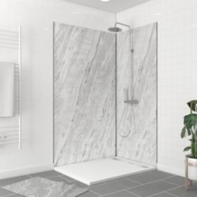 Pack de 2 panneaux muraux de salle de bains, blanc effet marbre avec profilés noirs, l.120+90 x H.210 x P.2 cm, Galedo Homestone