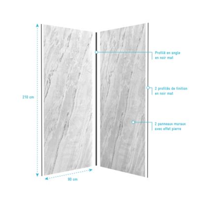 Pack de 2 panneaux muraux de salle de bains, blanc effet marbre avec profilés noirs, l.90+90 x H.210 x P.0,3 cm, Galedo Homestone