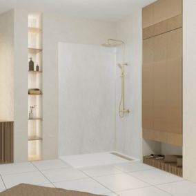 Pack de 2 panneaux muraux de salle de bains, blanc effet pierre avec profilés dorés, l.120+90 x H.210 x P.0,3 cm, Galedo Homestone