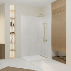 Pack de 2 panneaux muraux de salle de bains, blanc effet pierre avec profilés dorés, l.120+90 x H.210 x P.2 cm, Galedo Homestone