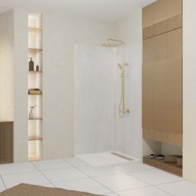 Pack de 2 panneaux muraux de salle de bains, blanc effet pierre avec profilés dorés, l.90+90 x H.210 x P.0,3 cm, Galedo Homestone