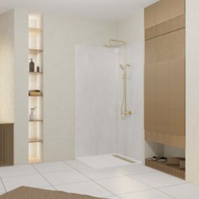 Pack de 2 panneaux muraux de salle de bains, blanc effet pierre avec profilés dorés, l.90+90 x H.210 x P.2 cm, Galedo Homestone