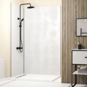 Pack de 2 panneaux muraux de salle de bains, blanc effet pierre avec profilés noirs, l.120+90 x H.210 x P.2 cm, Galedo Homestone