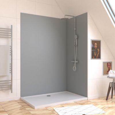 Pack de 2 panneaux muraux de salle de bains, gris avec profilés chromés, l.120+90 x H.210 x P.0,3 cm, Galedo Alucolors
