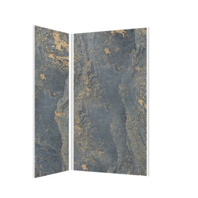 Pack de 2 panneaux muraux de salle de bains, gris et doré effet marbre avec profilés chromés, l.120+90 x H.210 x P.0,3 cm, Galedo Homestone