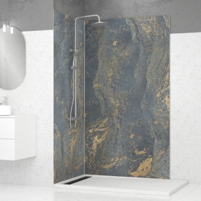 Pack de 2 panneaux muraux de salle de bains, gris et doré effet marbre avec profilés chromés, l.120+90 x H.210 x P.0,3 cm, Galedo Homestone