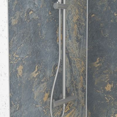 Pack de 2 panneaux muraux de salle de bains, gris et doré effet marbre avec profilés chromés, l.120+90 x H.210 x P.0,3 cm, Galedo Homestone