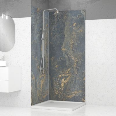 Pack de 2 panneaux muraux de salle de bains, gris et doré effet marbre avec profilés chromés, l.90+90 x H.210 x P.0,3 cm, Galedo Homestone