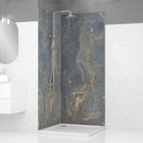 Pack de 2 panneaux muraux de salle de bains, gris et doré effet marbre avec profilés chromés, l.90+90 x H.210 x P.2 cm, Galedo Homestone
