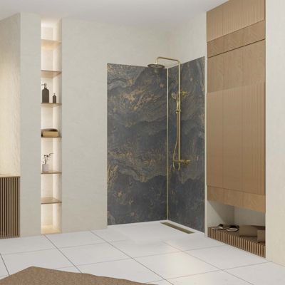 Pack de 2 panneaux muraux de salle de bains, gris et doré effet marbre avec profilés dorés, l.90+90 x H.210 x P.0,3 cm, Galedo Homestone