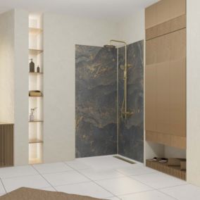 Pack de 2 panneaux muraux de salle de bains, gris et doré effet marbre avec profilés dorés, l.90+90 x H.210 x P.2 cm, Galedo Homestone