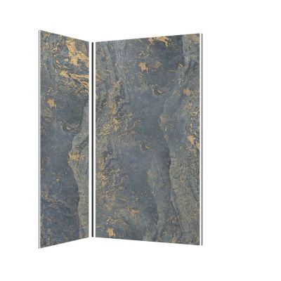 Pack de 2 panneaux muraux de salle de bains, gris et doré effet marbre avec profilés noirs, l.120+90 x H.210 x P.0,3 cm, Galedo Homestone