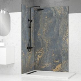 Pack de 2 panneaux muraux de salle de bains, gris et doré effet marbre avec profilés noirs, l.120+90 x H.210 x P.0,3 cm, Galedo Homestone