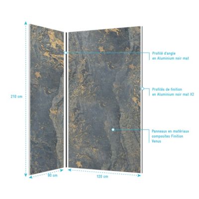 Pack de 2 panneaux muraux de salle de bains, gris et doré effet marbre avec profilés noirs, l.120+90 x H.210 x P.0,3 cm, Galedo Homestone