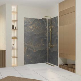 Pack de 2 panneaux muraux de salle de bains, gris et doré effet pierre avec profilés noirs, l.120+90 x H.210 x P.2 cm, Galedo Homestone